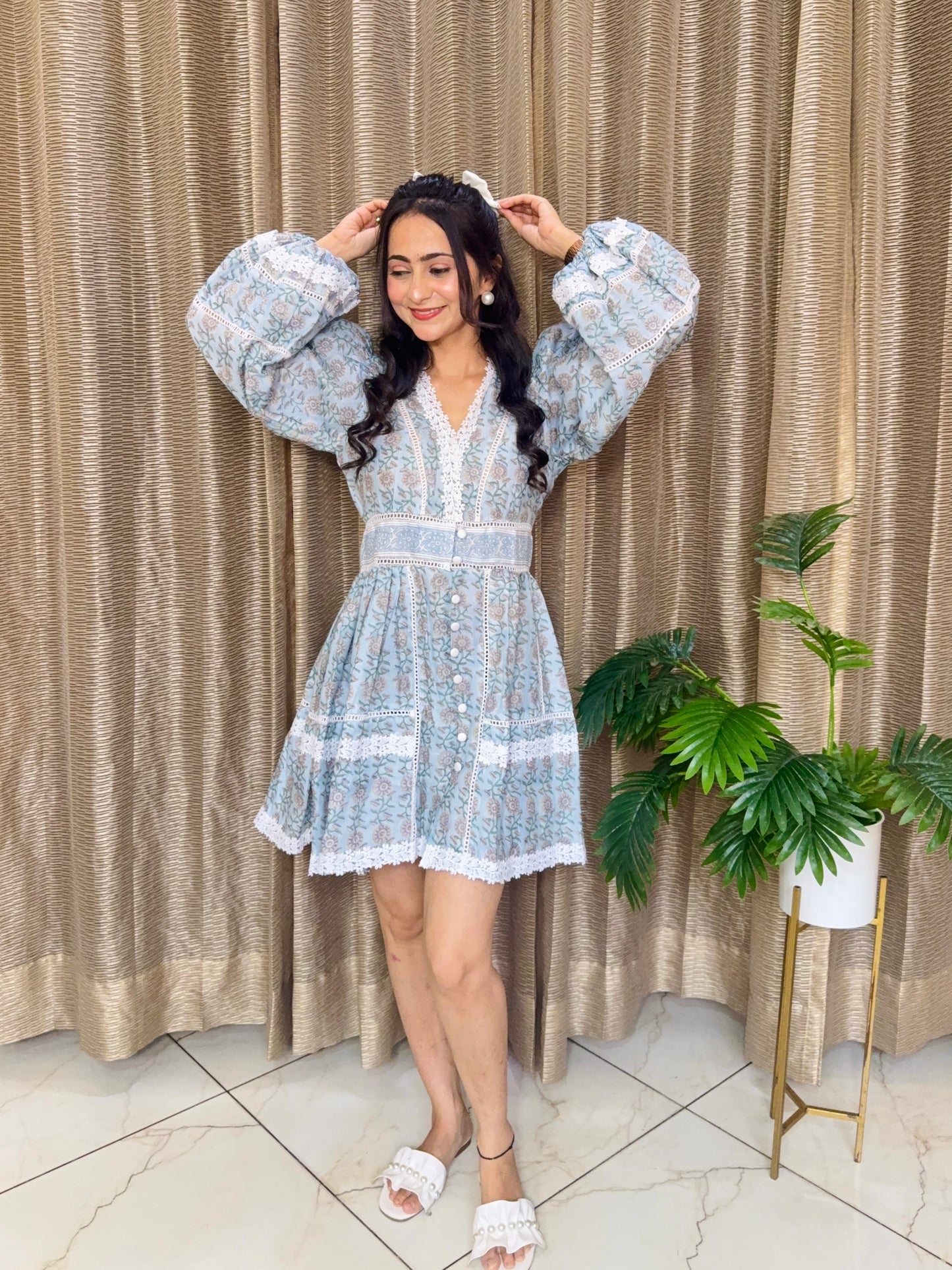 Autumm Flower Print Short Dress