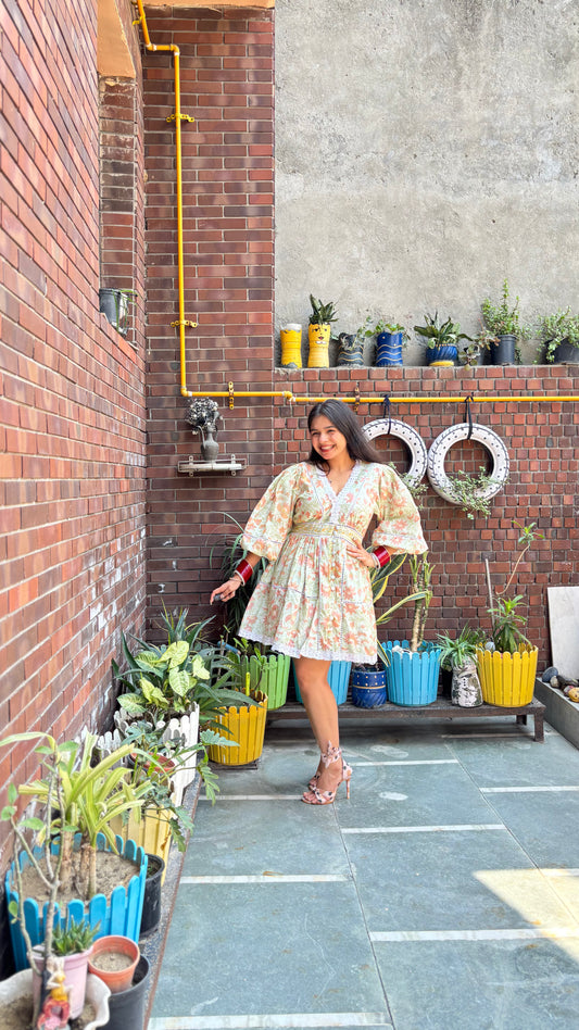 Autumn Flower Print Chanderi Buttoned Shift Dress
