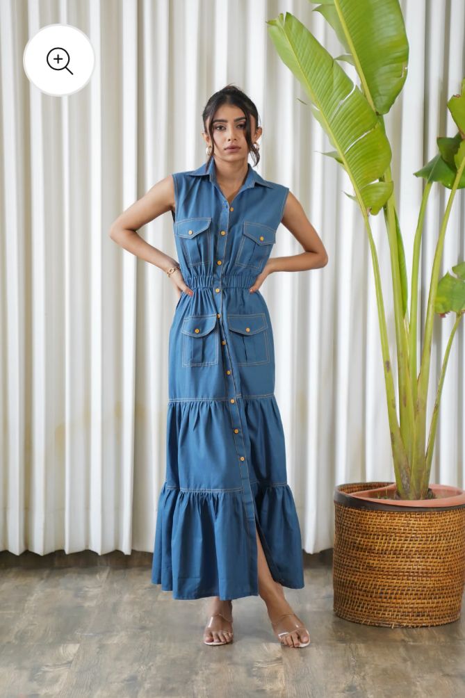 Sleeveless blue collared tier shirt maxi dress