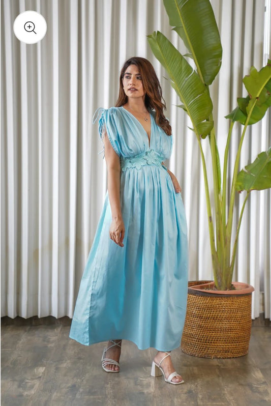 Shoulder runch blue maxi with flower embroidery on waist maxi dress