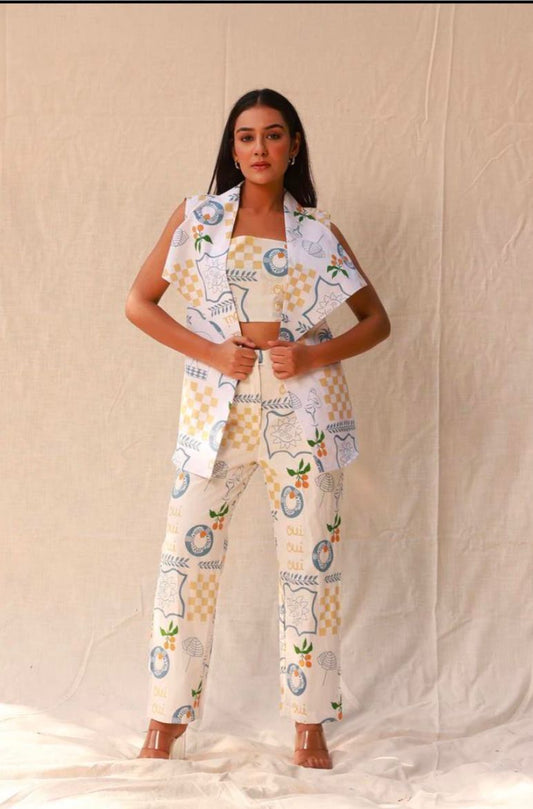 Summer Cool Print Sleeveless Jacket With Crop Top & Straight Pants Co-ord Set