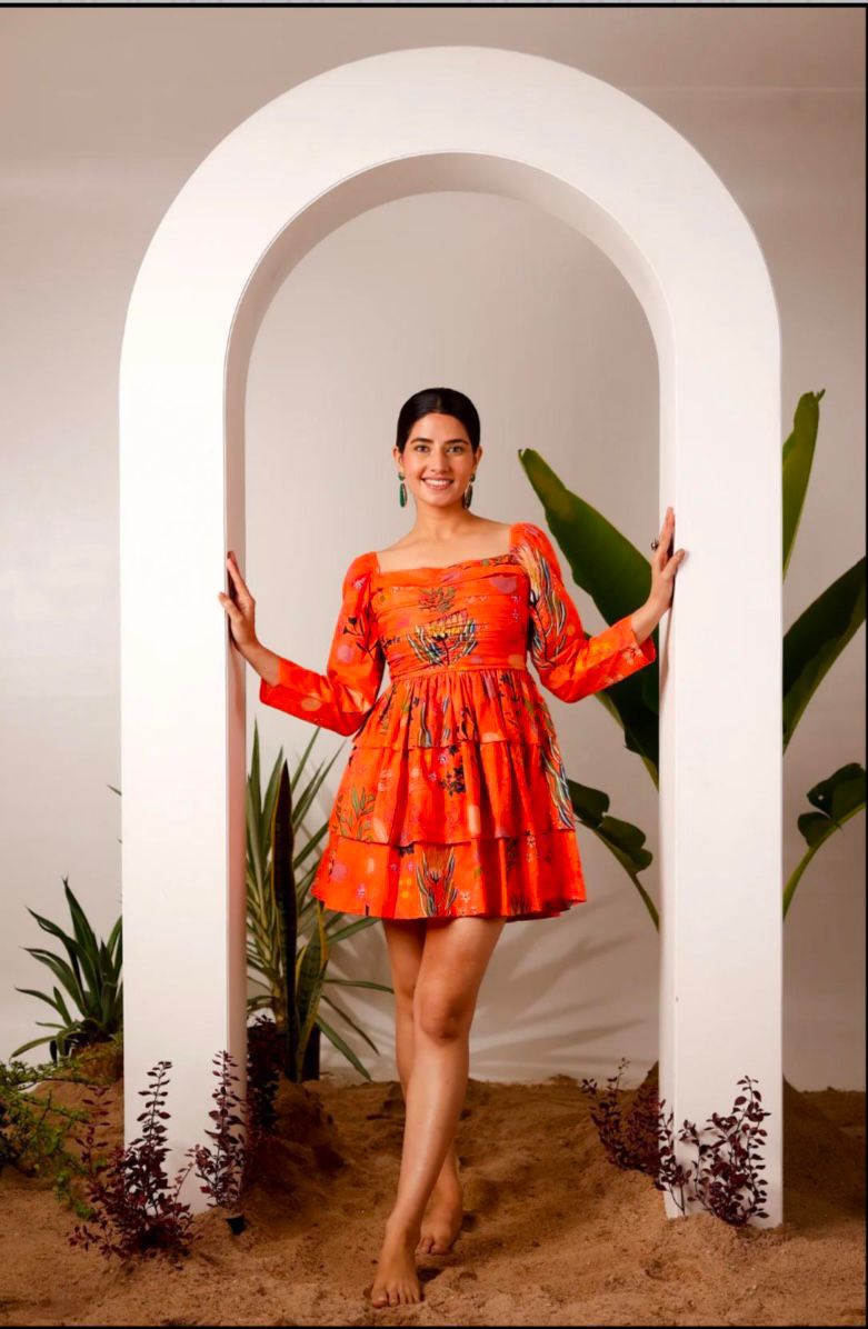 Orange Printed Double Layered Full Sleeves Dress